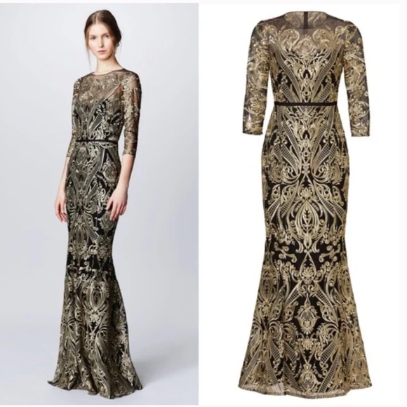 Marchesa Notte Moises Embroidered Gown Maxi Dress Gold Back Lace - Size 4 - Picture 1 of 12